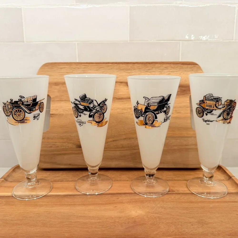 Set of 4 White Painted Pilsner‎ Car Glasses Buick Oldsmobile Cadillac Rambler
